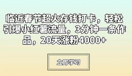 临近春节超火存钱打卡，轻松引爆小红薯流量，3分钟一条作品，20天涨粉4000+-墨韵博客