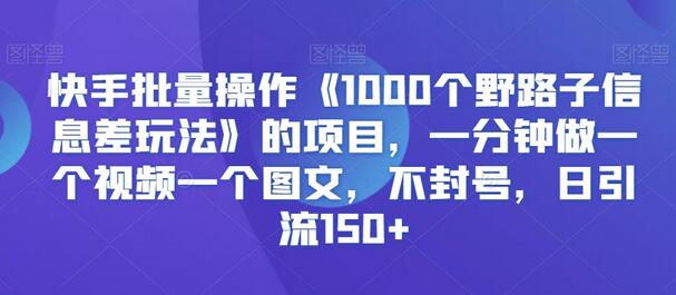快手批量操作《1000个野路子信息差玩法》的项目，一分钟做一个视频一个图文，不封号，日引流150+-墨韵博客